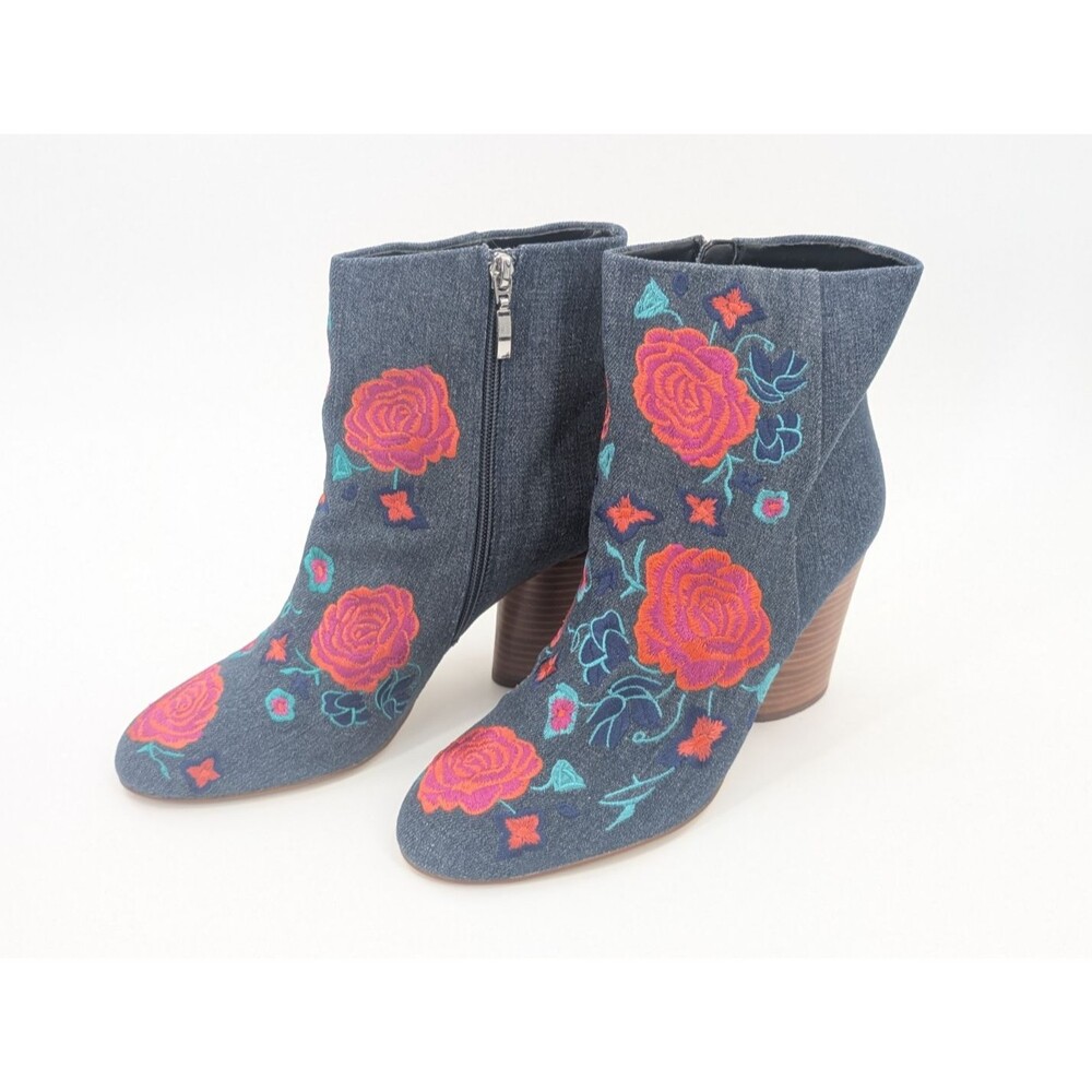 The Fix Nash Oval Heel Ankle Bootie Zip Floral Embroidery Indigo Denim Size 10